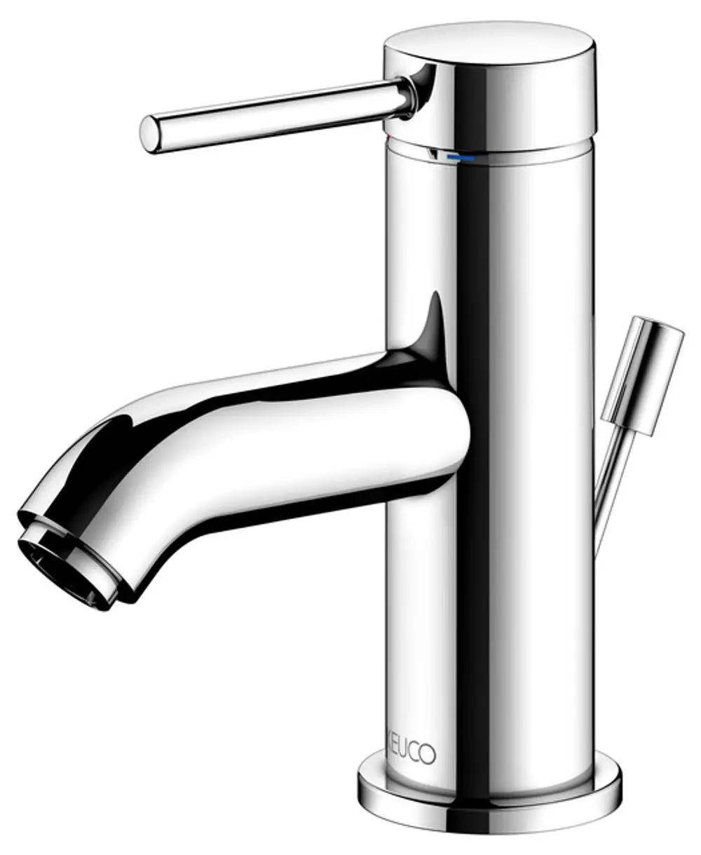 Ein verchromter lavabo-Mischer von Keuco mit seitlichem Hebel und einer runden Rosette, geeignet für moderne Bad- oder Küchenanwendungen.